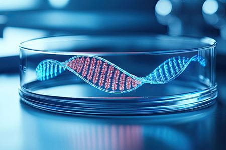AI conceptual illustration of a DNA strand in a petri dish