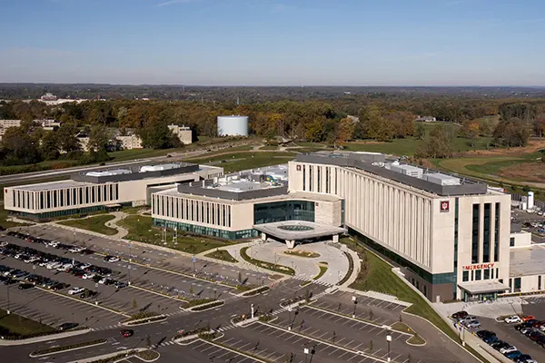An aerial shot of a large health care building
