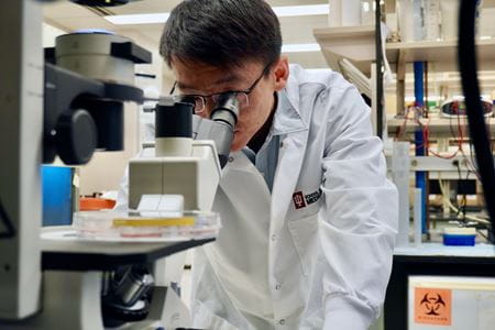 Ji Zhang looks through microscope