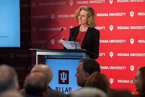Pamela Whitten speaks at a podium during the IU LAB launch event.