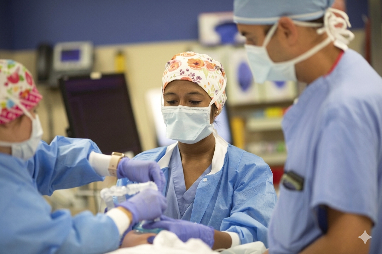 Medical team in surgical attire placing an airway mask on a patient in an operating room.