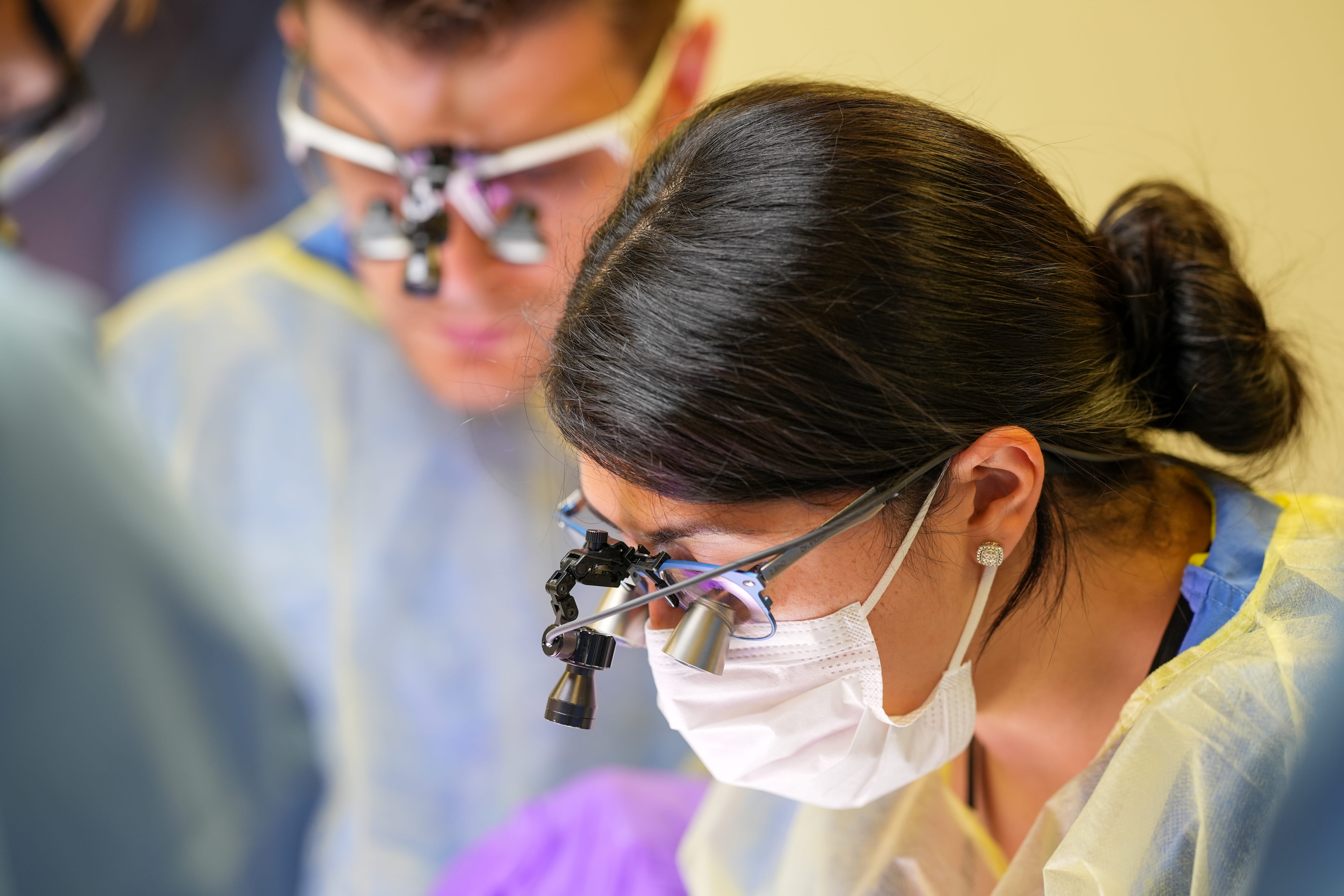 Three research students observe a model human brain.