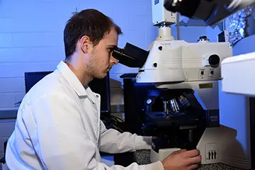 A young man looks in a microscope