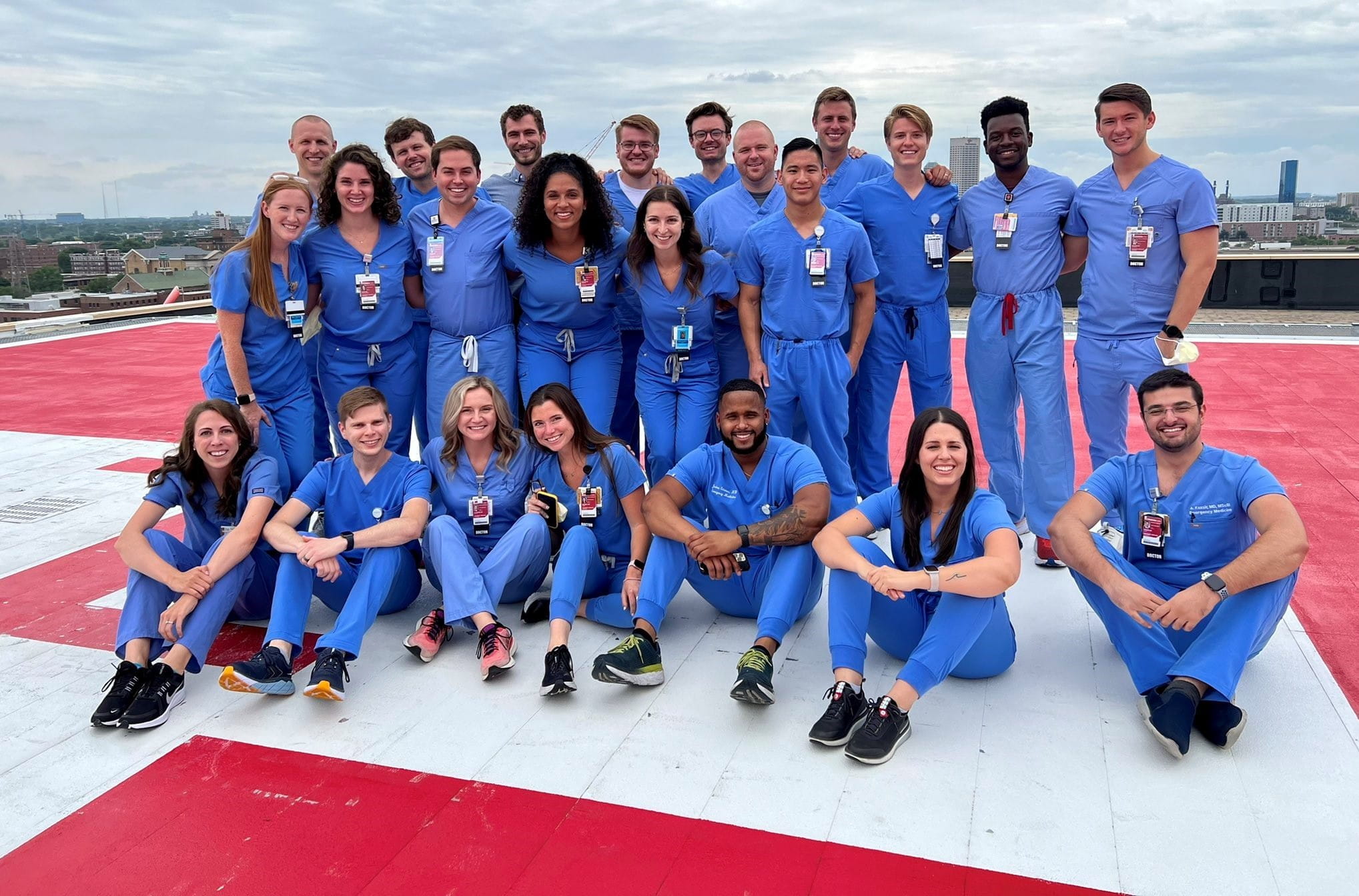 Residents on the helipad of IU Health Methodist Hospital.