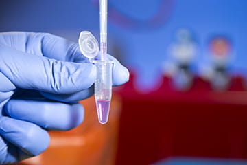A gloved hand pipetting liquid into a test tube.