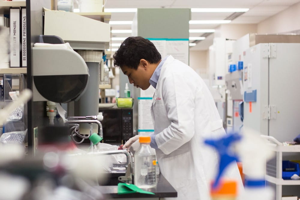 a graduate student works in a wet lab space