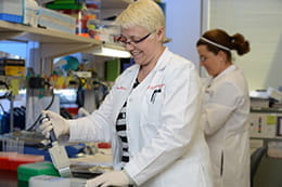 Two researchers work in a lab.