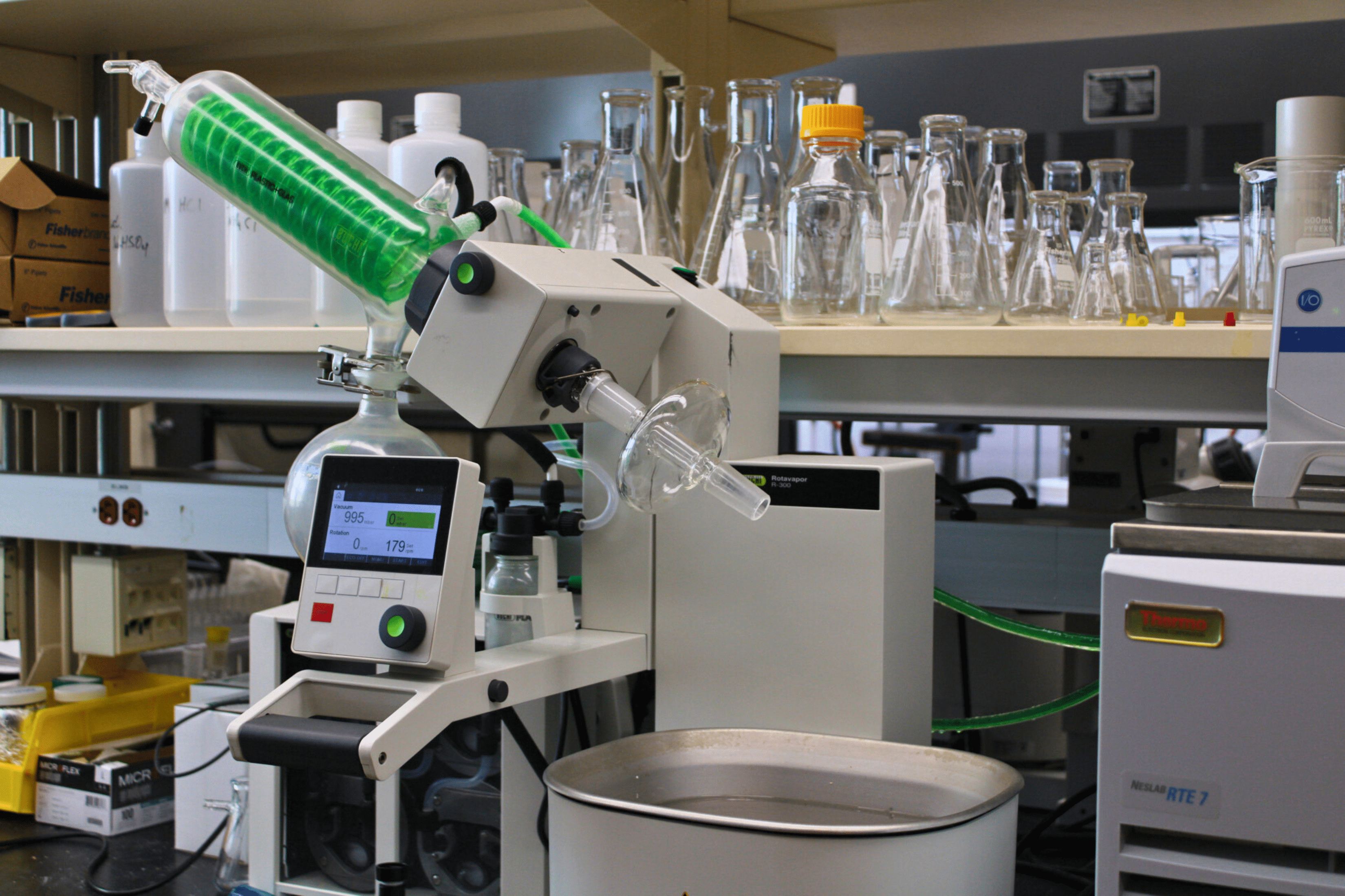 Various equipment and beakers in a laboratory.