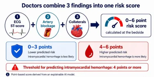 This graphic illustrates a 6-point scoring system to assess risk of bleeding within the heart muscle, known as intramyocardial hemorrhage, before reopening a patient's blocked artery during a major heart attack.