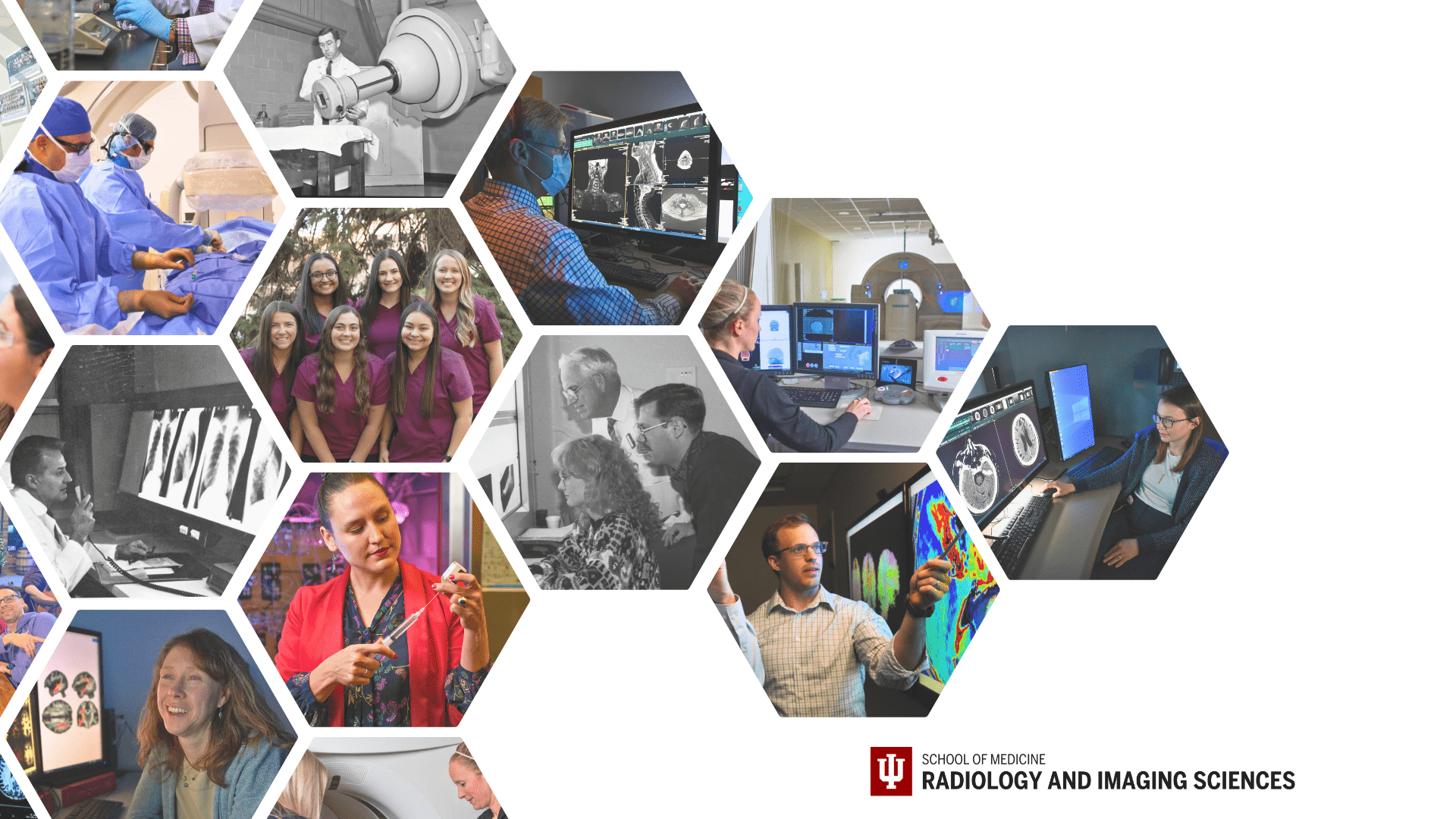 A collage of hexagonal images showcasing various aspects of radiology and imaging sciences.
