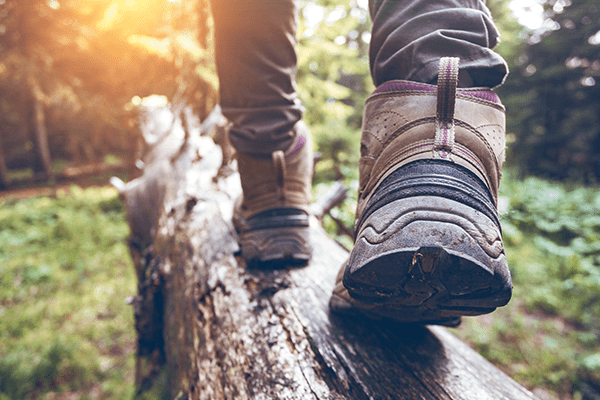 A hiker's boots stepping on a log in a forest.